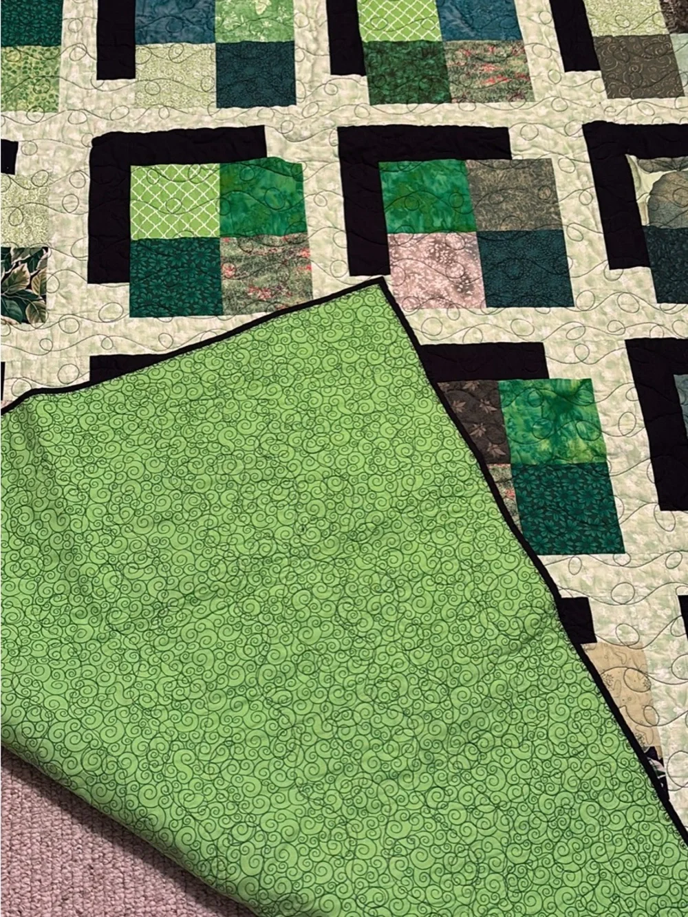 Green Patchwork Quilt with Black Accents - Handmade Bedding